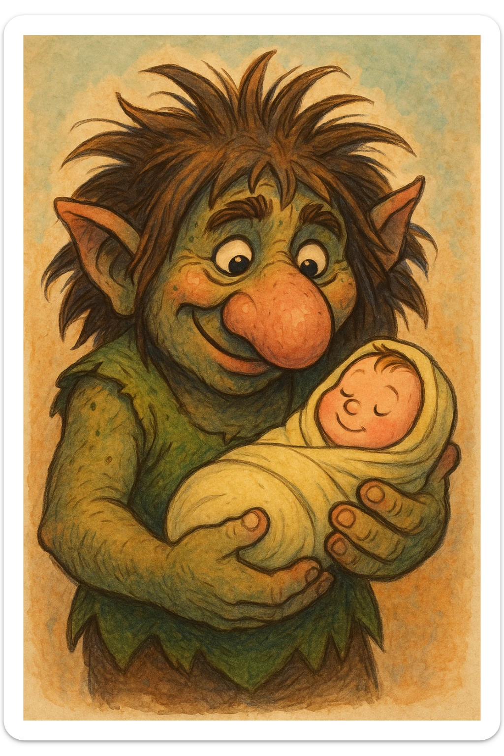 a troll with a big nose and wild hair holding a baby, cartoon style, unique and expressive style, fantasy illustration, whimsical, friendly expression, gently cradling, swaddled baby sticker