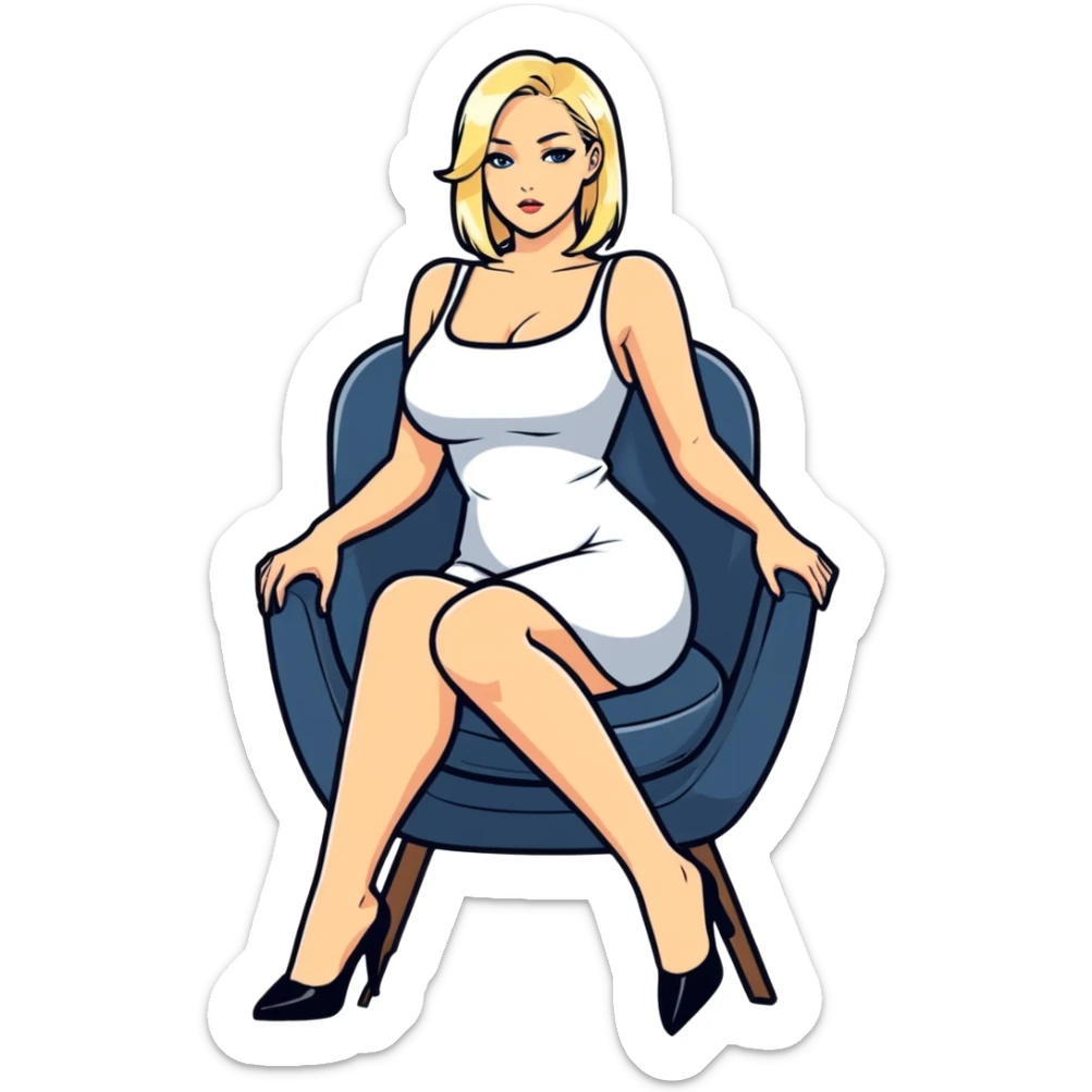 Blond lady.naked .big boobs.short dress .sitiing on chair with her legs open sticker
