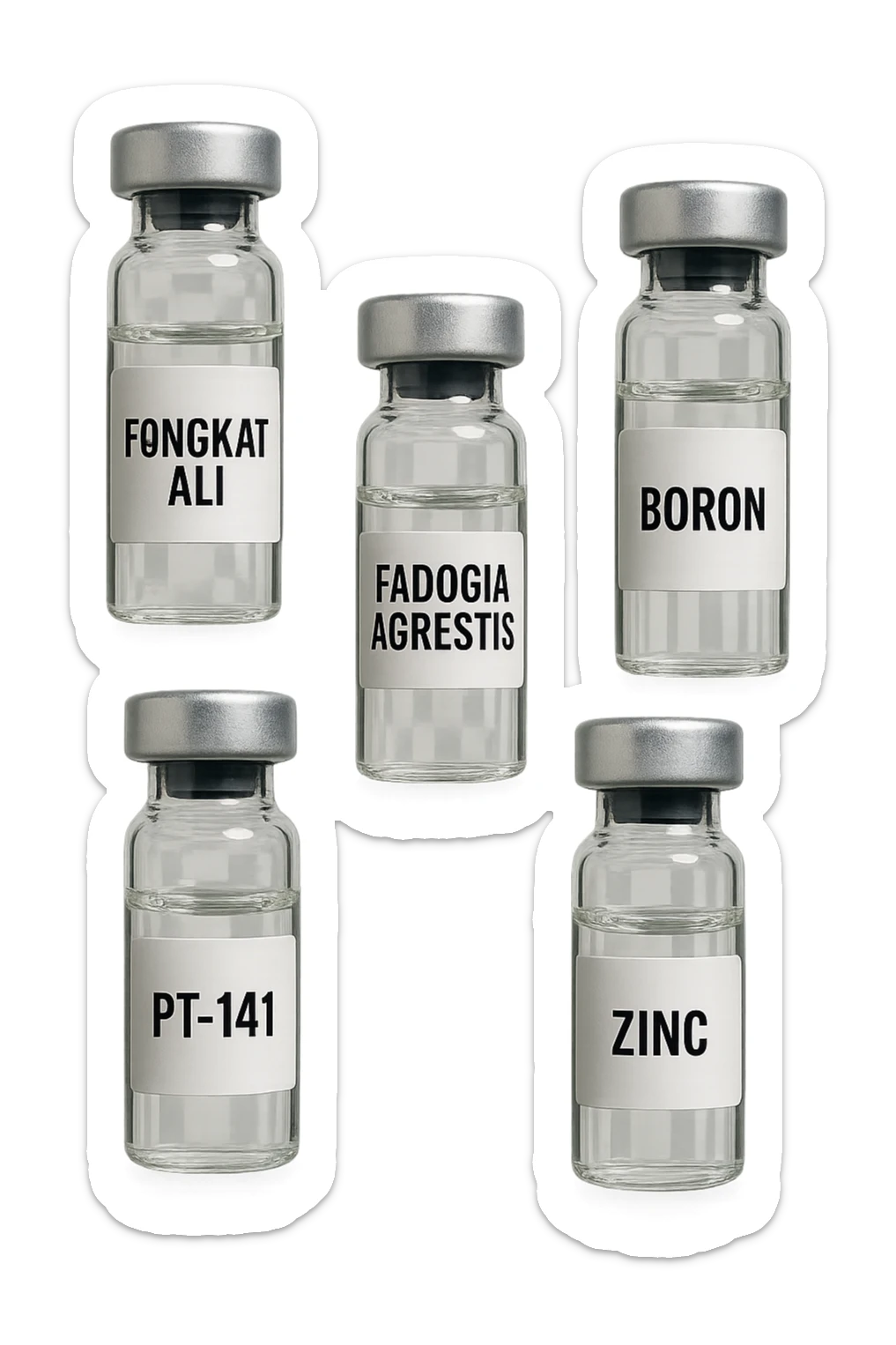 3 fiale mediche: Tongkat Ali, Fadogia Agrestis, PT-141, Boron e Zinco fluttuano in aria verticalmente sticker