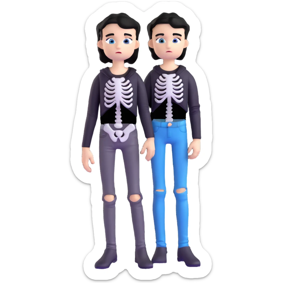 black-haired, blue-eyed boy wearing a black skeleton top and ripped black jeans sticker