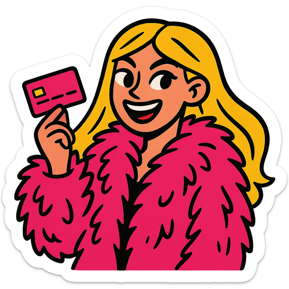 blonde girl with long hair, wearing a pink fur coat, holding a pink credit card, vibrant and expressive sticker