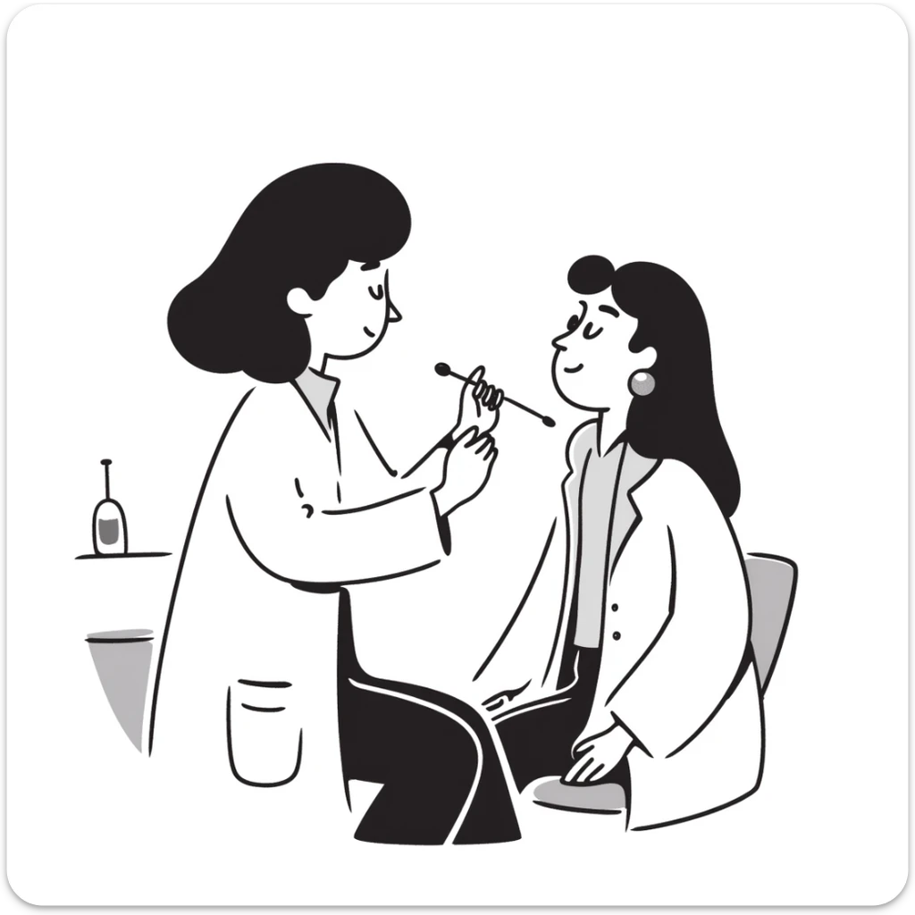 Doctor examining patient's throat with tongue depressor, medical check-up in physician's office sticker