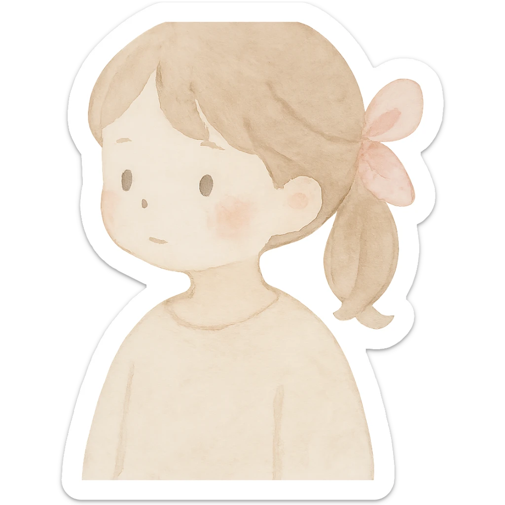 cute female character with pink hair ribbon, watercolor painting style, childlike features sticker