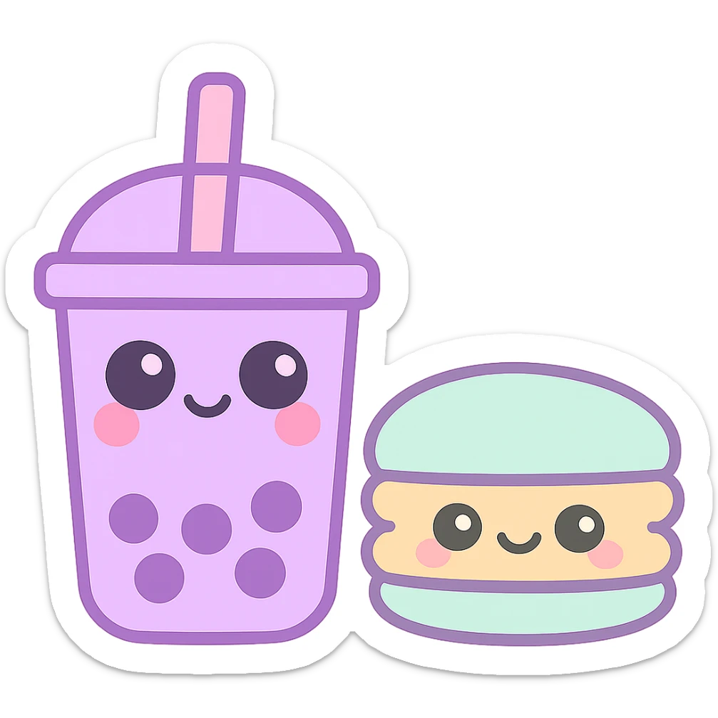 kawaii-style purple boba drink with a pastel macaron next to it, playful and charming sticker