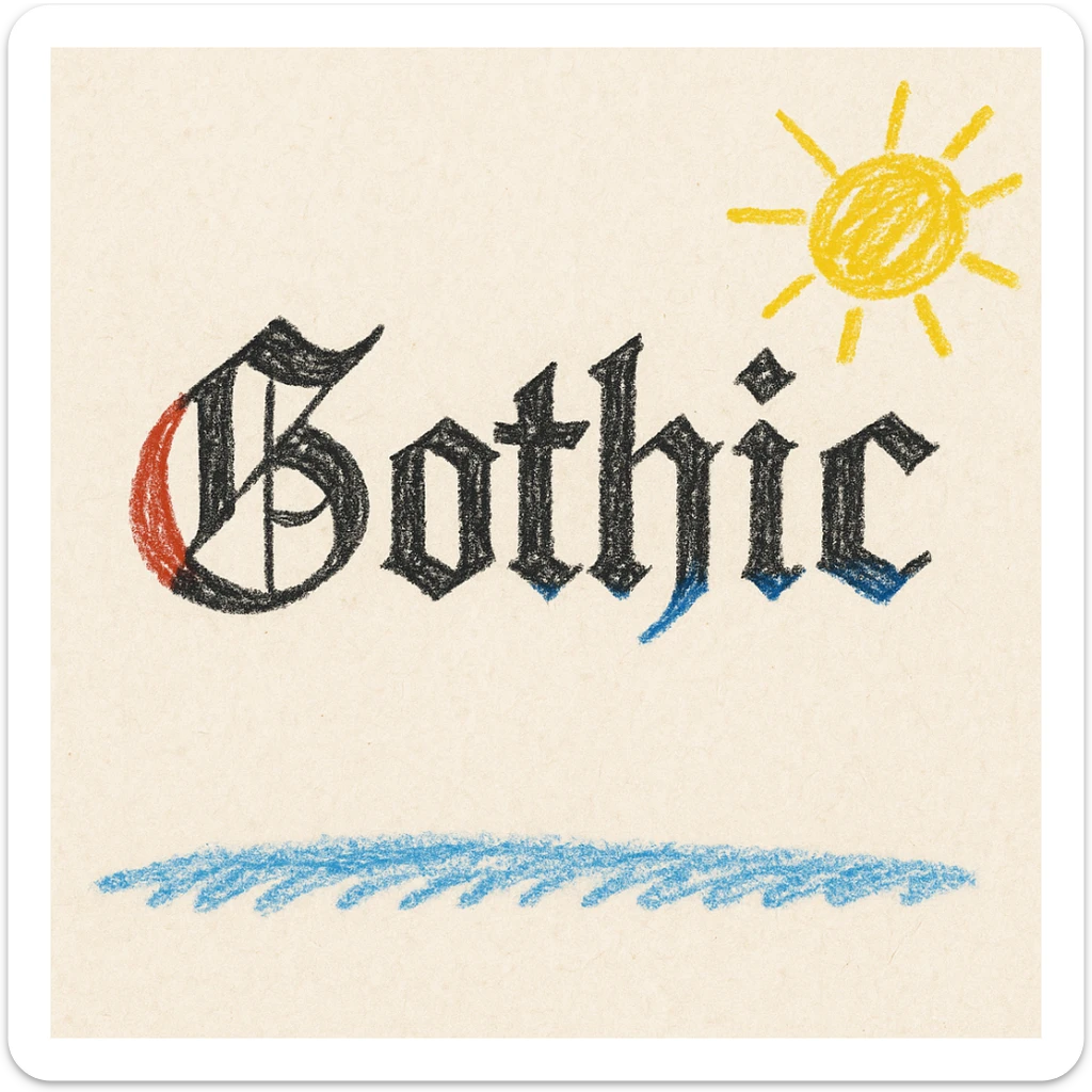 the word 'Gothic' in ornate gothic calligraphy, children doodle style sticker