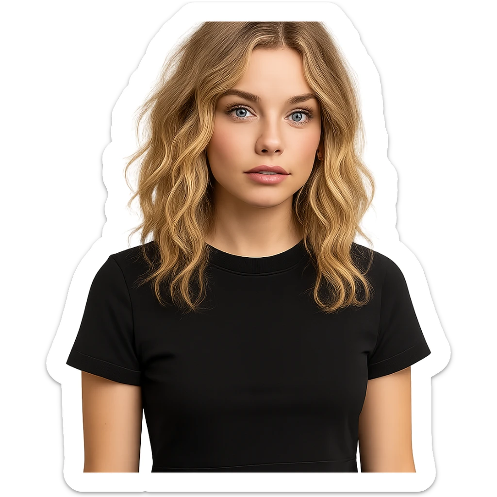 girl with wavy blonde hair, blue eyes, nose ring on left, black cropped shirt, modern style sticker