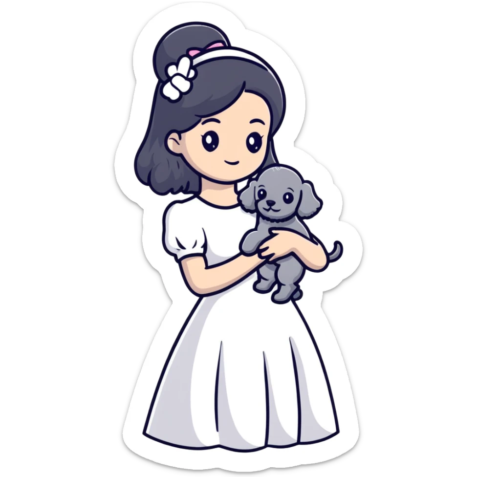 beautiful girl with long black hair in a white dress holding a small gray poodle sticker