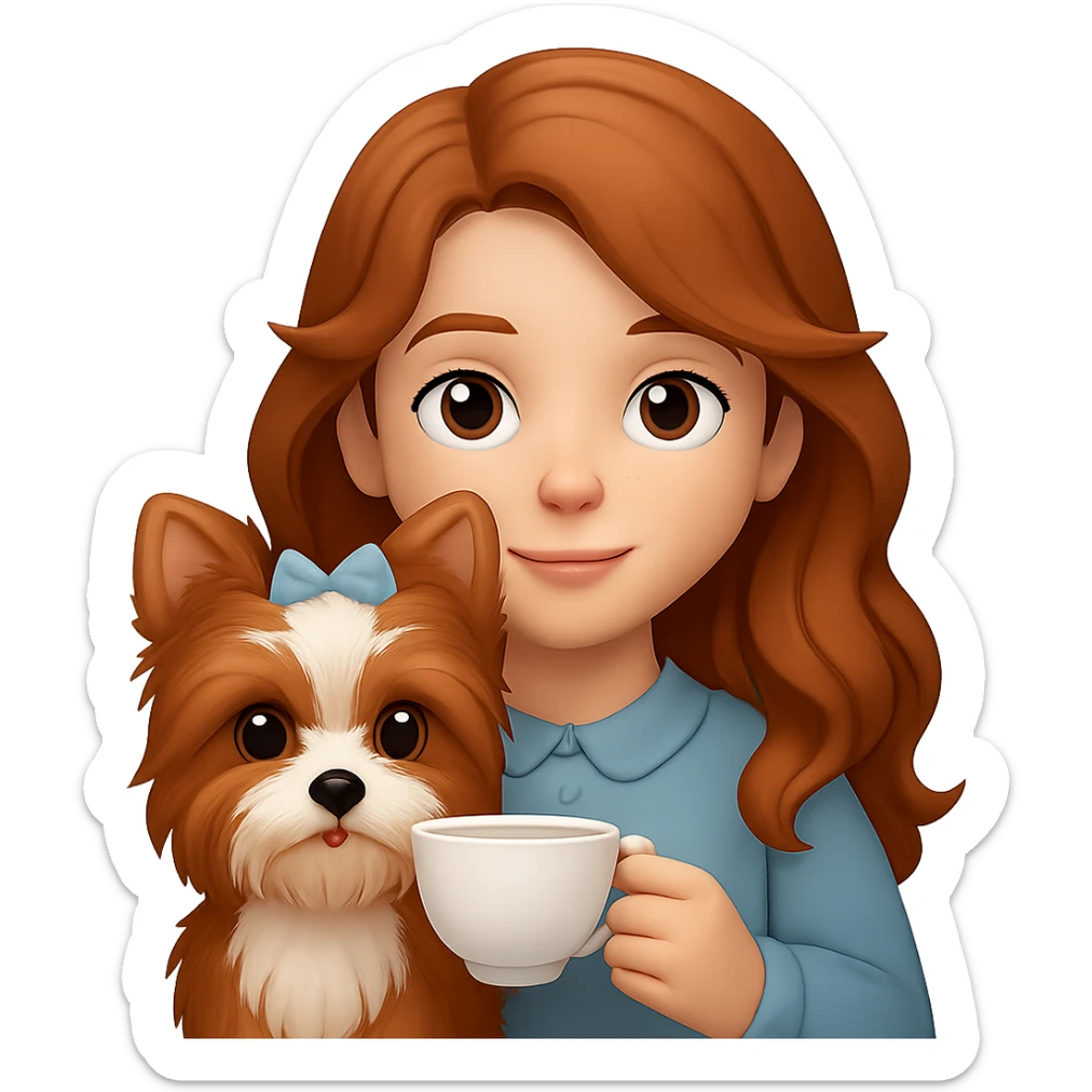 Make the yorkie dog much bigger, keep the 11 year old girl with freckles and long wavy brown hair, preserve the look of apple style emoji, no background. sticker