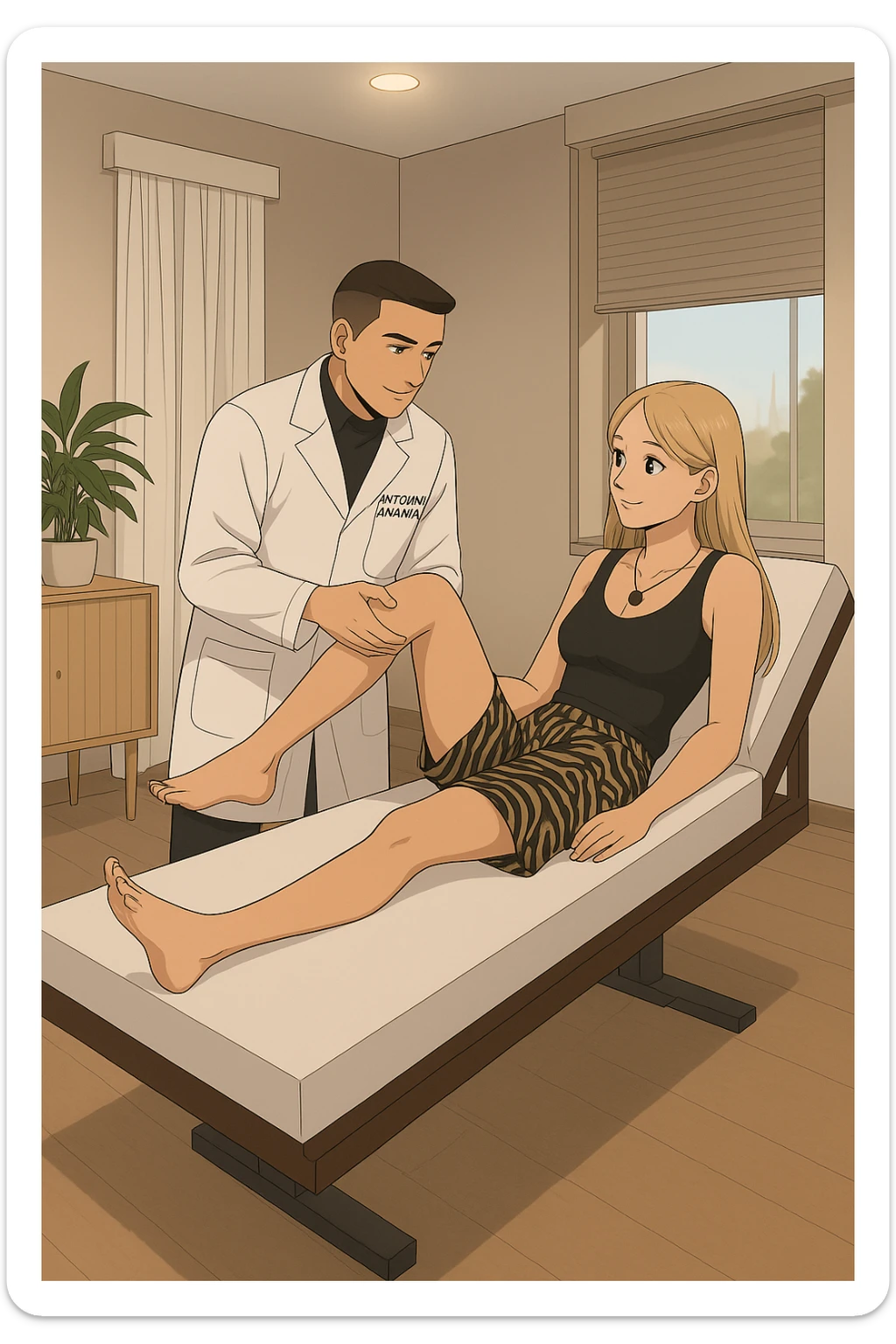 fai un webtoon/manga a colori con questo kinesiologo in camice bianco (fagli la scritta "ANTONIO ANANIA" SUL CAMICE) CHE SVOLGE UN TEST NEUROMUSCOLARE SOLLEVANDO UNA GAMBA ALLA RAGAZZA CHE è STESA SU UN LETTINO BIANCO. STANZA SEMPLICE E MODERNA, DURANTE IL TEST I DUE DIALOGANO TRA LORO. NON FARE I FUMETTI, FAI SOLO LORO COME SE DIALOGASSERO sticker