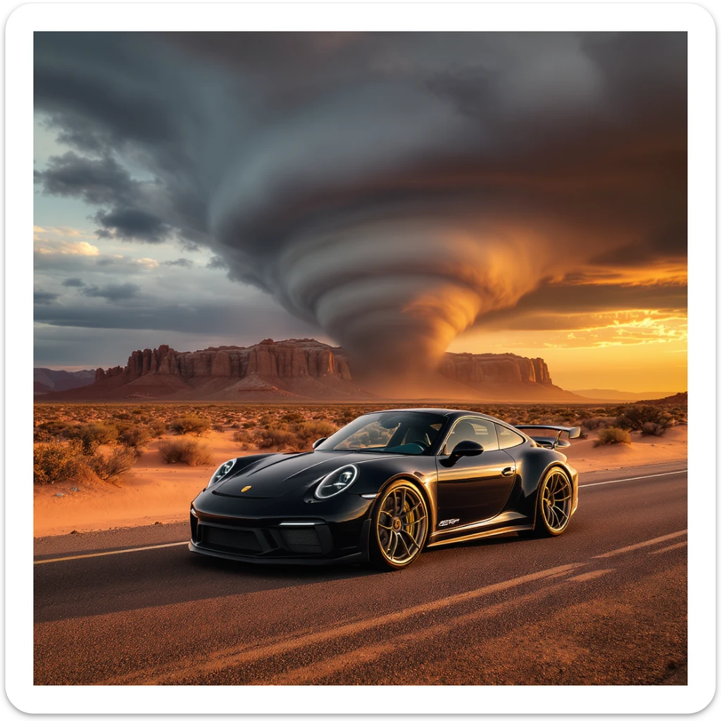Cinematic still of a A modern desert mountain, wallpaper, modern, porsche 911, sunset, arizona desert, tornado in background sticker