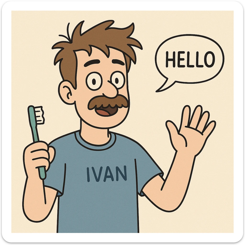 A boy brown mustache Toothbrush Bed Head hair blue ok t-shirt Ivan say hello sticker