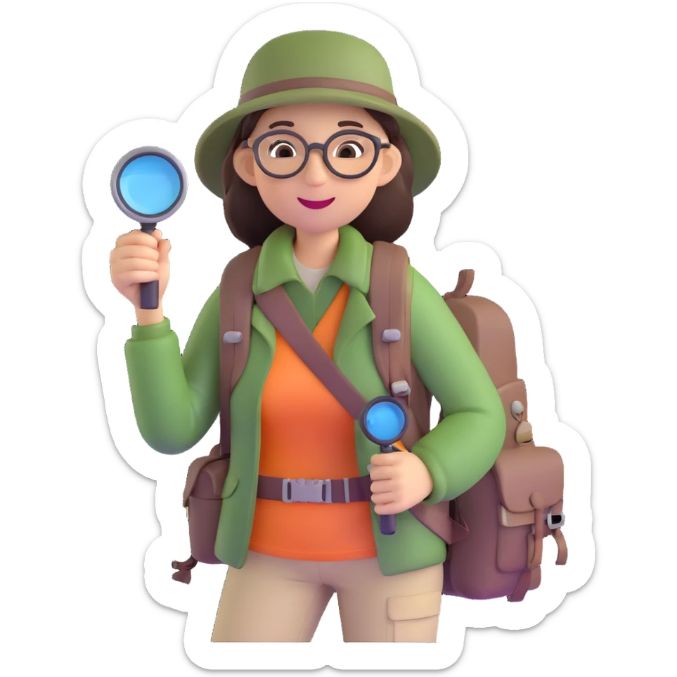 Happy female explorer with glasses, hiking outfit, backpack, holding a single magnifying glass sticker