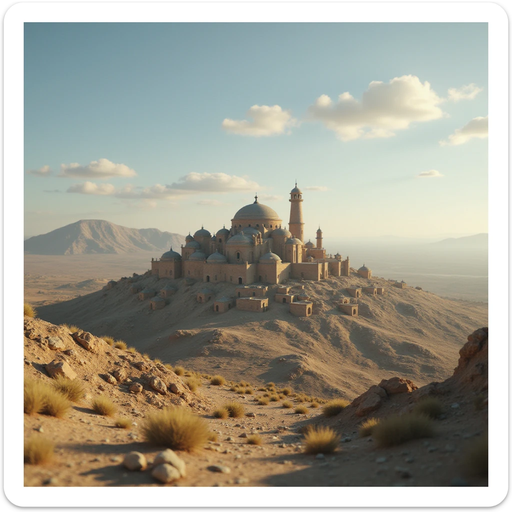 A small hilltop mesa city in the videogame dayz, screenshoot  sticker