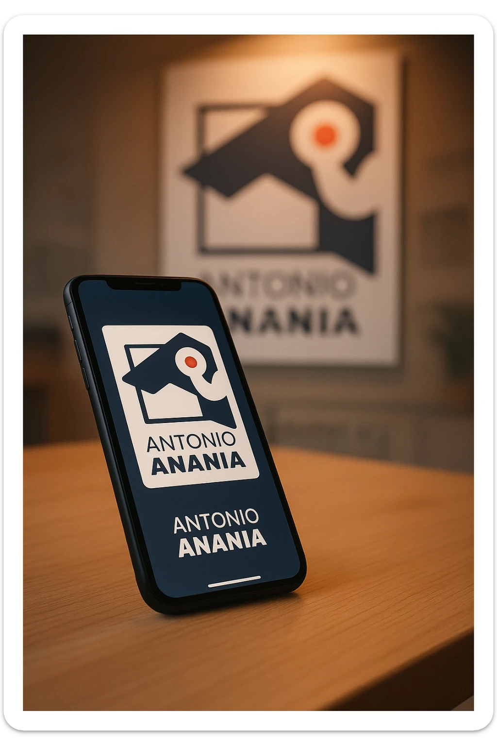 A photo of an iPhone on the desk with the logo of "Antonio Anania" on its screen, The phone sits atop a desk with a blurred with the logo in the background that suggests work environment. A faint glow from above casts gentle shadows across the surface of each object, creating depth and highlighting their textures sticker