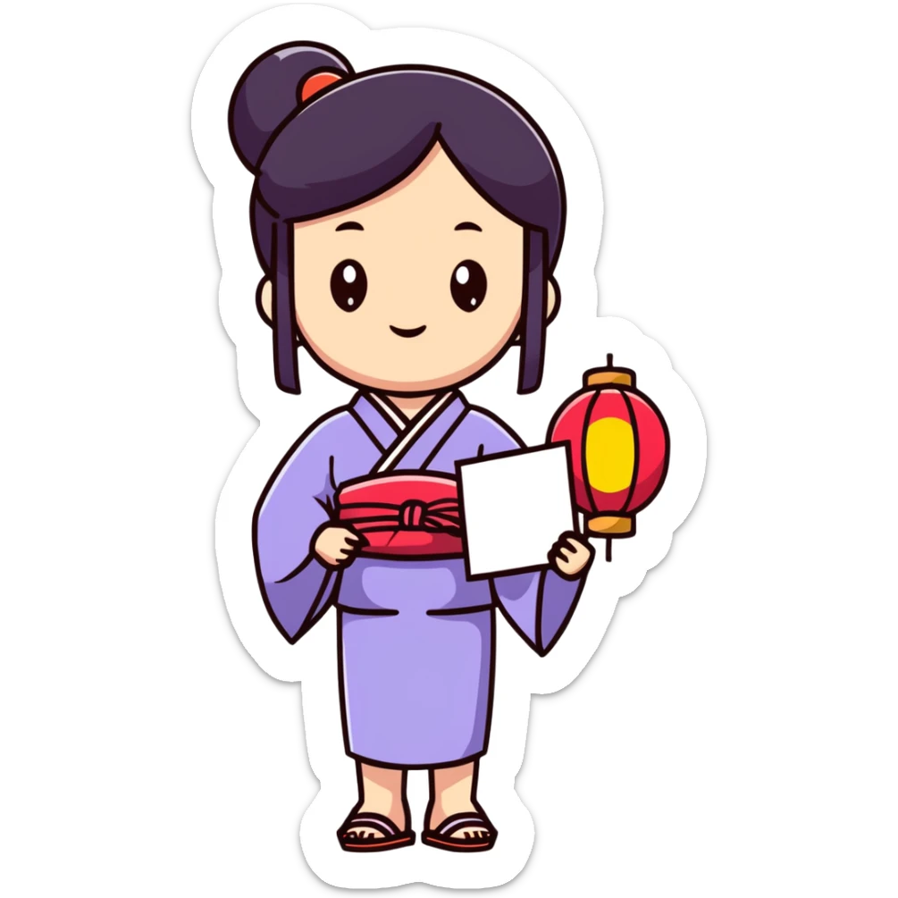 Cute Japanese high school girl in yukata at school summer festival with paper lanterns sticker