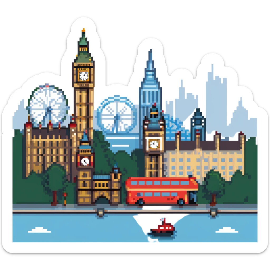 cityscape of London with iconic landmarks like Big Ben and the London Eye sticker