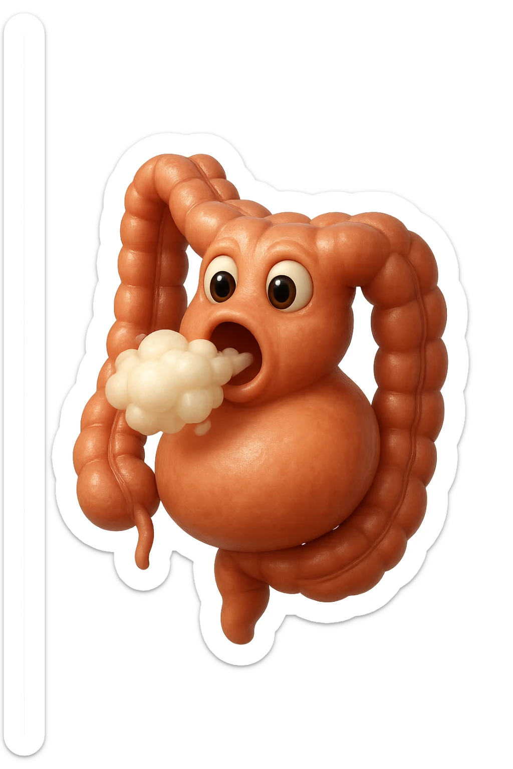 emoji stile iphone di un intestino che ingoia una nuvoletta di aria ben visibile e gli si gonfia la pancia, non fargli il naso, iperrealistico 4k sticker