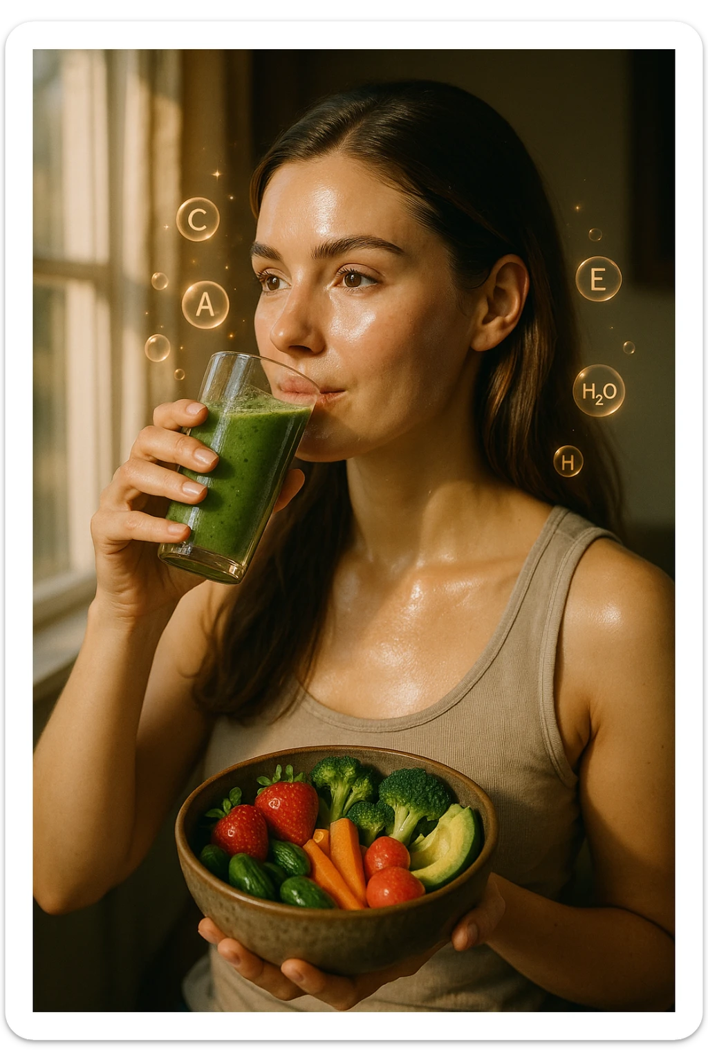 A highly realistic, cinematic portrait of a young woman in her late 20s with glowing, clear, healthy skin and a vibrant scalp with strong, shiny hair, symbolizing internal health reflecting outward. She has a calm, confident expression while sitting by a window with warm daylight softly illuminating her face, highlighting smooth, hydrated skin with a natural glow. Her hair appears clean, full, and strong, indicating a healthy scalp and balanced sebum production. She is drinking a glass of green smoothie rich in antioxidants and holding a bowl of colorful fruits and vegetables, symbolizing how internal nutrition supports skin and scalp health. Subtle, softly glowing overlays of molecular symbols for vitamins, minerals, and hydration molecules gently swirl around her, visually representing the concept of beauty and skin health from the inside out. Style: 35mm hyperrealistic film look, warm tones, soft depth of field, focusing on clear skin texture, healthy scalp, and vibrant hair to inspire holistic wellness sticker