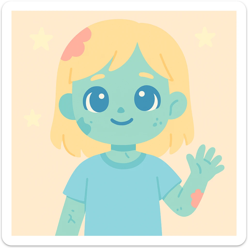 cute zombie boy with long blond hair blue eyes subtle decay details soft friendly style sticker