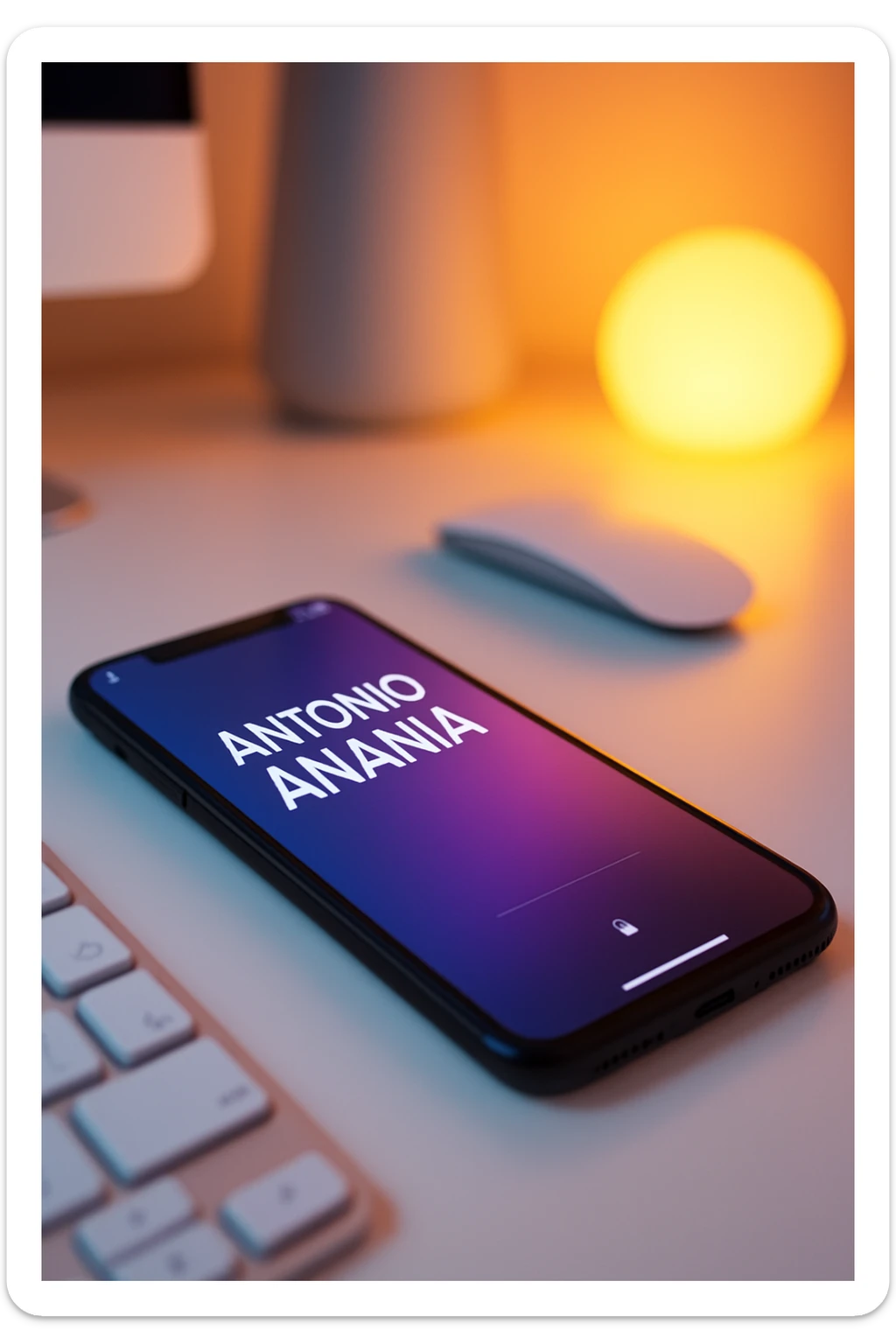 A photo of an iPhone on the desk with the message "Antonio Anania" on its screen, The phone sits atop a desk with a blurred background that suggests work environment. A faint glow from above casts gentle shadows across the surface of each object, creating depth and highlighting their textures sticker