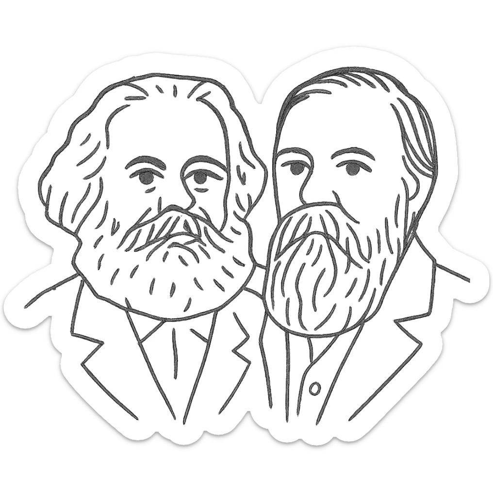 a black outline portrait of Karl Marx and Engels together based on a famous portrait of them, with eyes the same size and noses less abrupt sticker