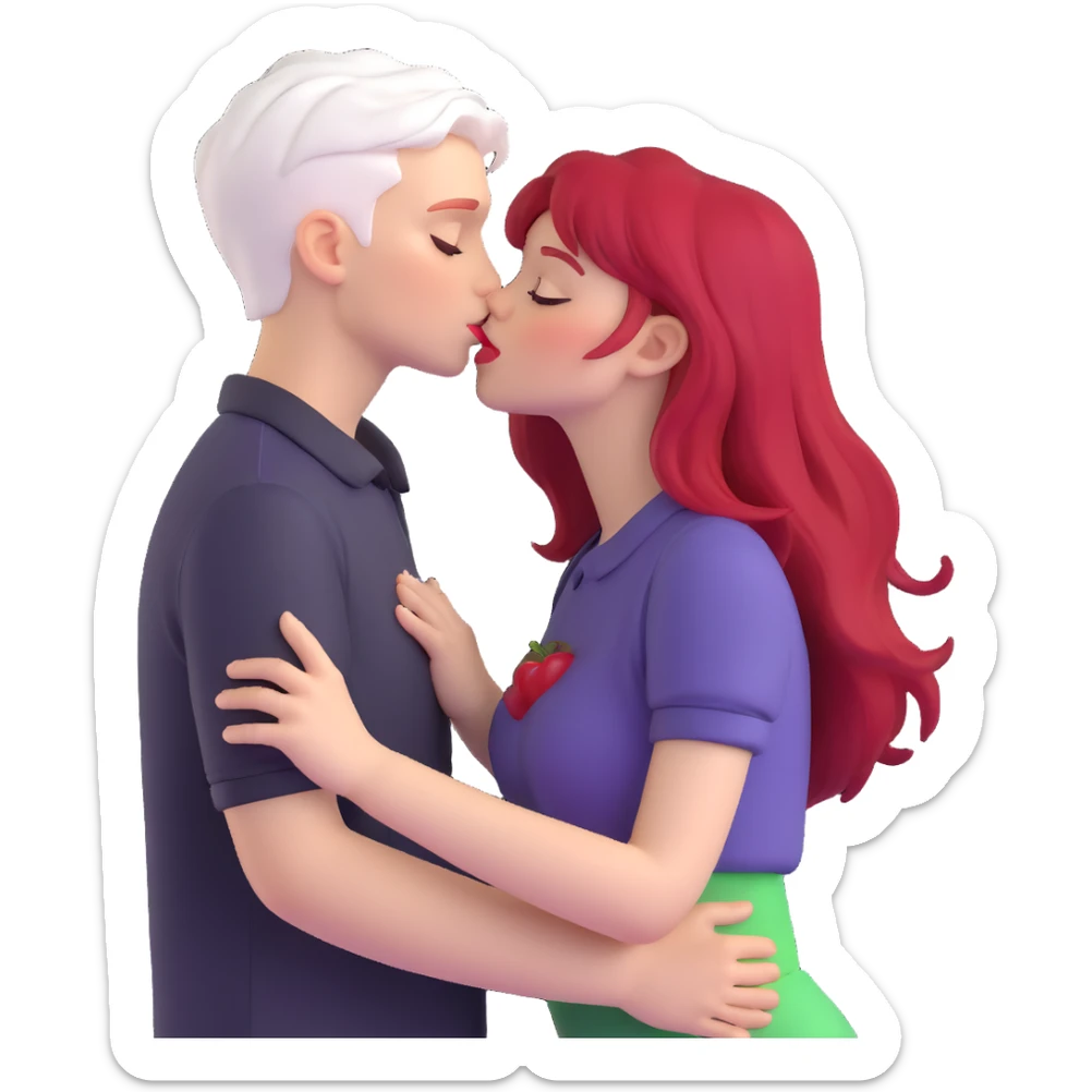 couple kissing, boy with PAPER WHITE SHORT HAIR (completely white), dark shirt, girl with long cherry red hair, light clothes sticker