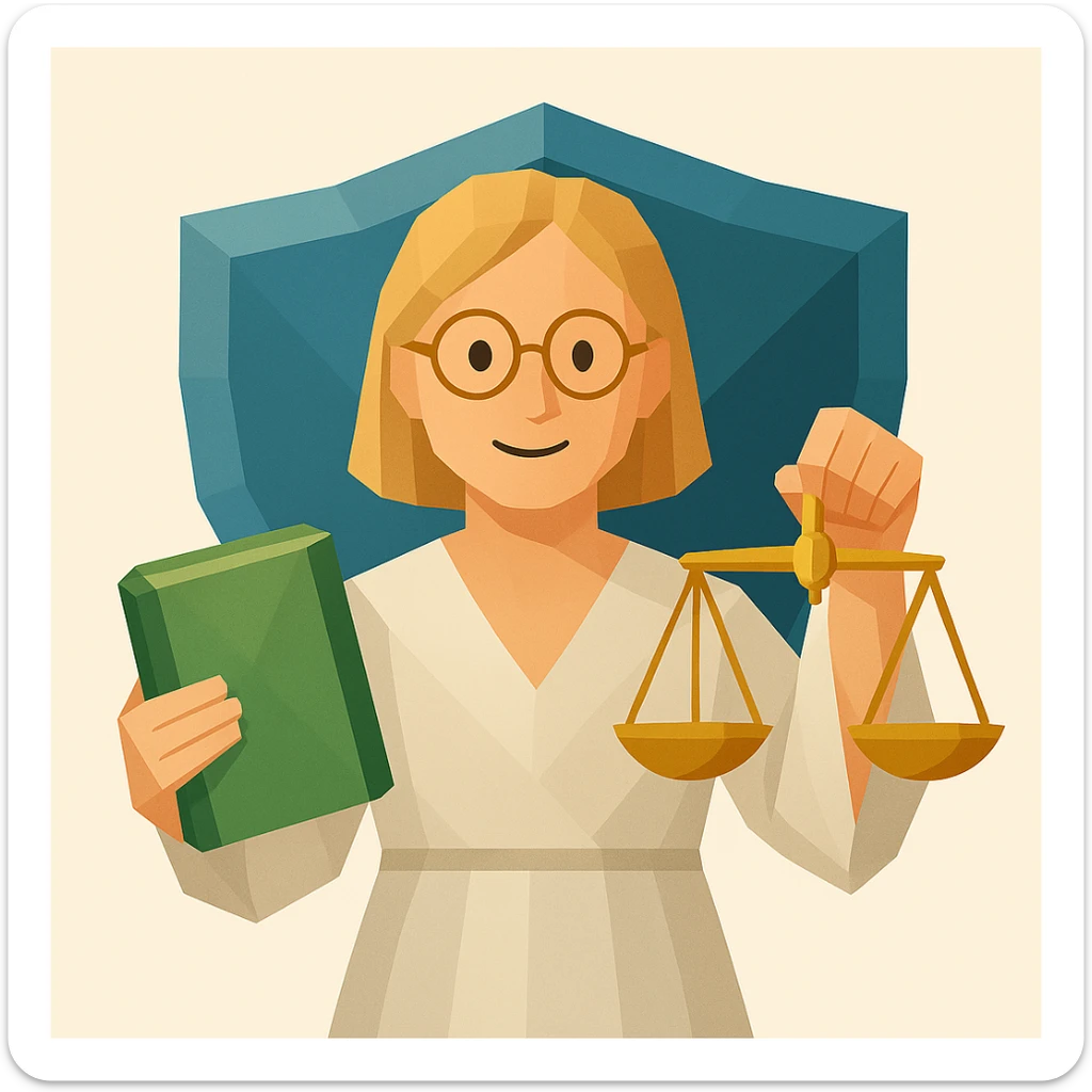 A lady with blond hair and glasses, holding a green book and a gold justice scale, with a shield in the background, in a polygonal illustration style. sticker