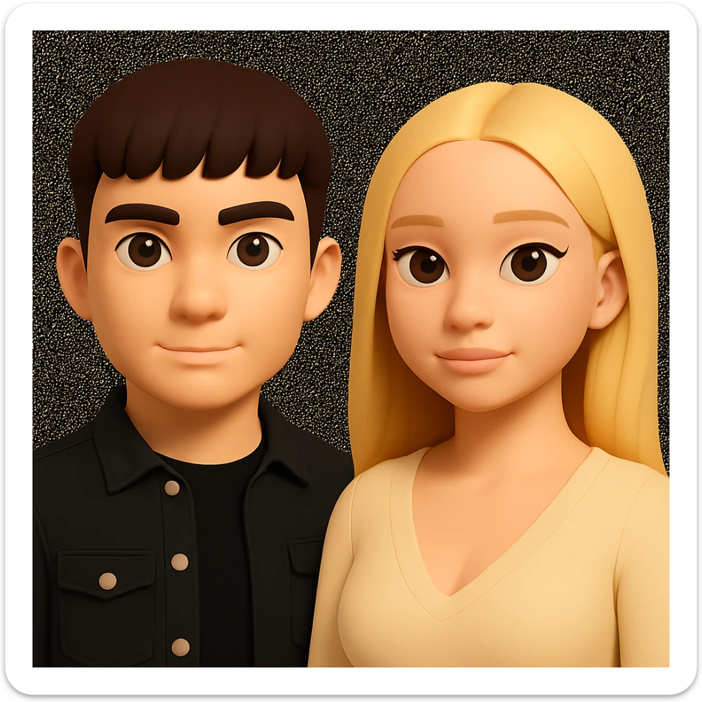 Slightly increase the volume of the upper body of the girl, significantly spread them apart from each other, make the skin color the same for both characters, while preserving the cartoonish 3D style as seen in the reference image. sticker