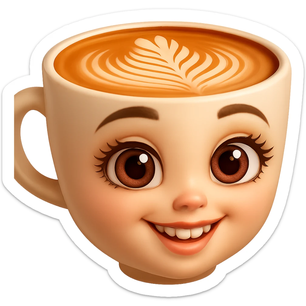 Edita la imagen para que el personaje de la taza de café  MANTENGA exactamente su estilo original,  y colores según la imagen de referencia. ELIMINA FONDO PARA QUE QUEDE TIPO EMOJI NO DBE TENER CUELLO. sticker