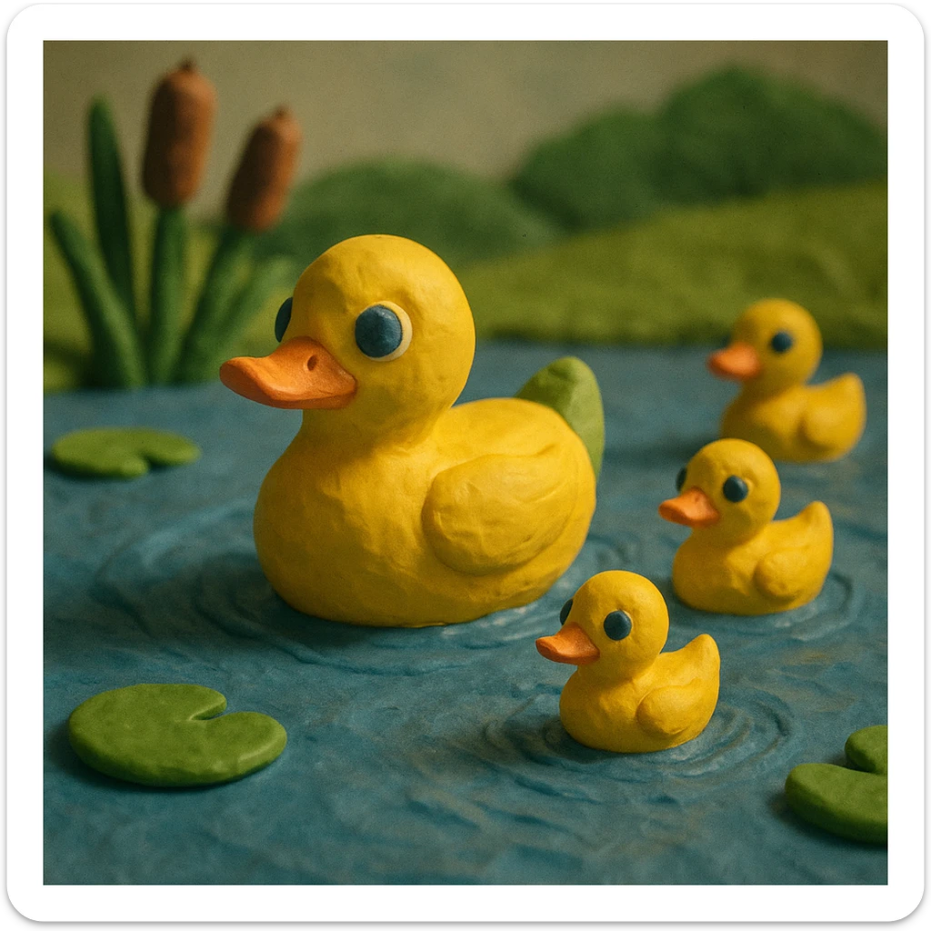 duck family swimming in a pond, vibrant colors, soft lighting, textured look, claymation style sticker