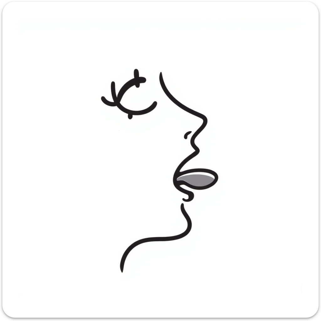 Simple sketch of a face profile showing mewing technique, tongue against roof of mouth, improved jawline sticker