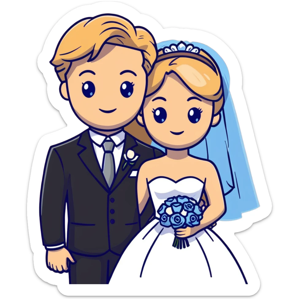 portrait of a bride with light brown hair and grey-blue eyes, and a groom with blonde hair, blue eyes, wearing a brown suit sticker