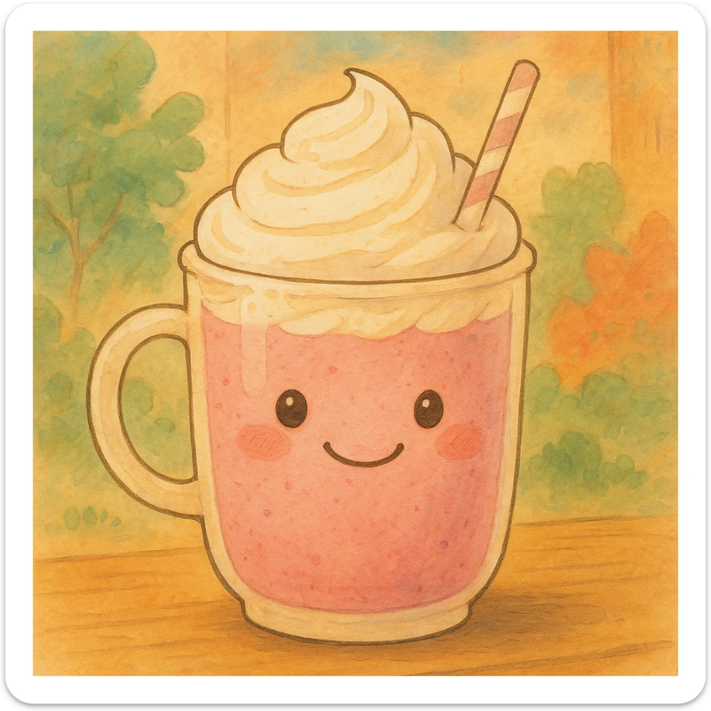 a pink mocha with whipped cream and a smiling face, cute and inviting, in Ghibli style sticker