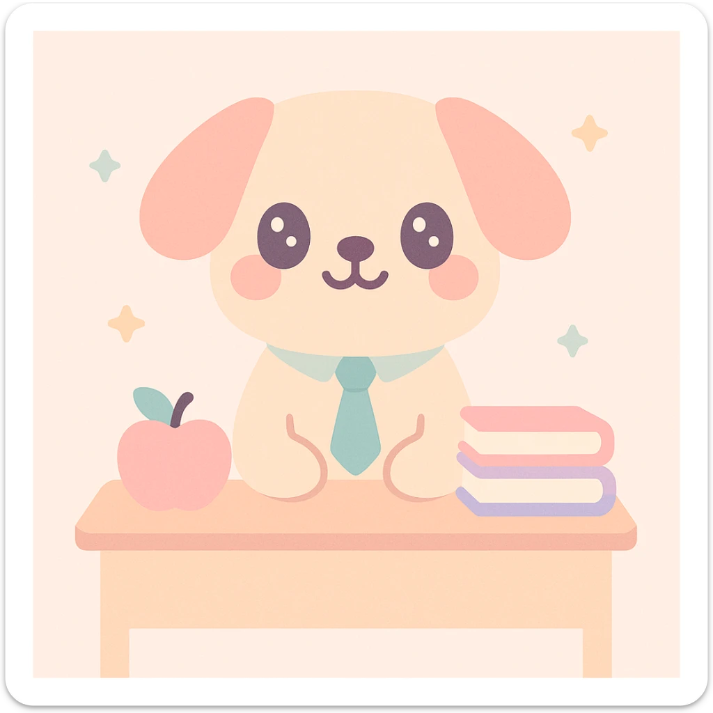 dog as a teacher, sitting at a desk with books and an apple, wearing a tie, friendly and approachable, cute illustration style sticker