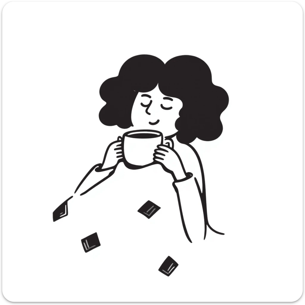 White girl with curly brunette hair snuggled in a blanket sipping coffee with eyes closed, feeling warm and content sticker