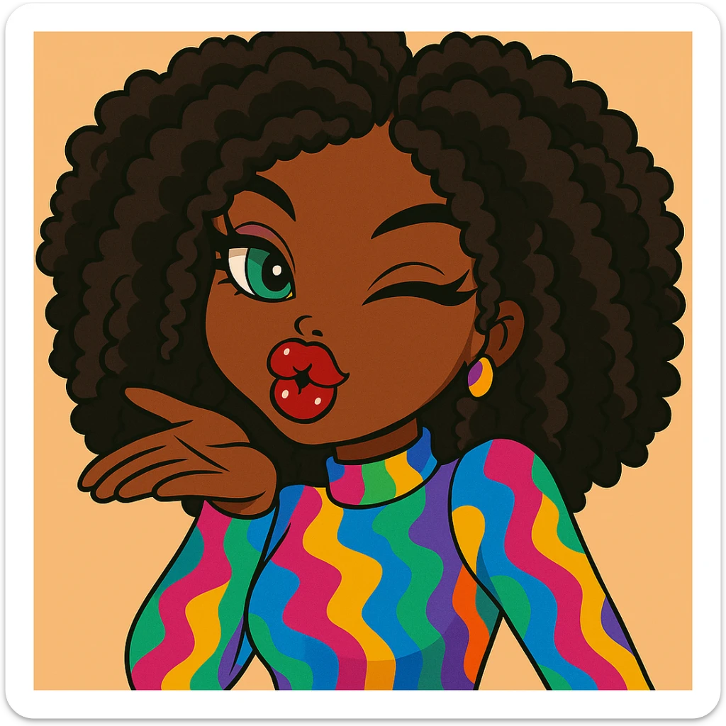 Headshot of a 20-year-old anime Bratz style woman with dark skin, curly hair, winking and blowing a kiss, bold colorful fashion-forward look, big expressive eyes, glossy lips, happy expression, no hat, no tears. sticker