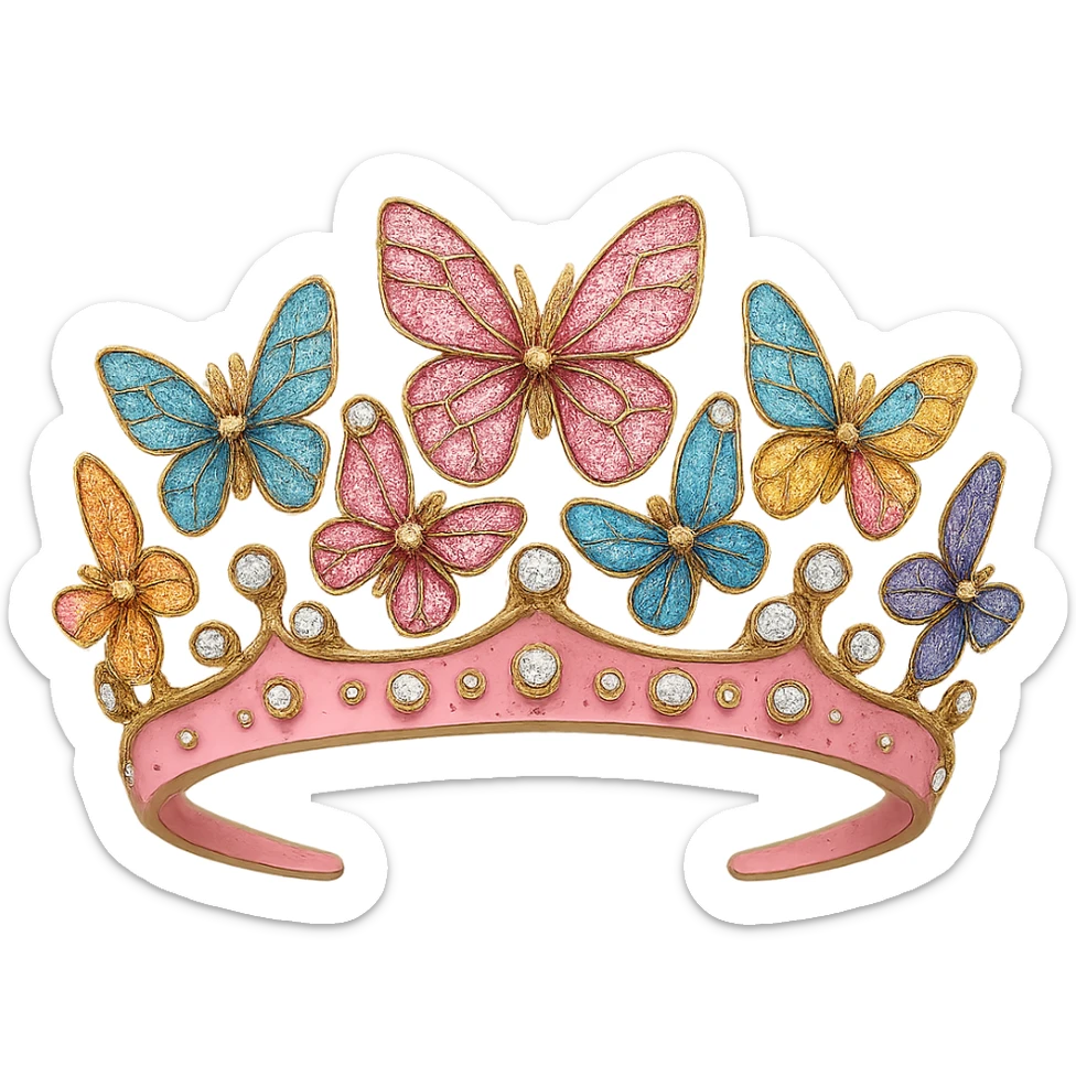 butterfly crown with a pink base, colorful butterflies in pink enamel, sparkling gems, transparent background sticker
