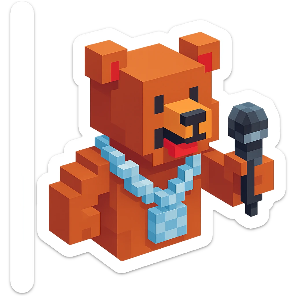 Russian grizzly bear with a silver rapper chain, holding a microphone sticker