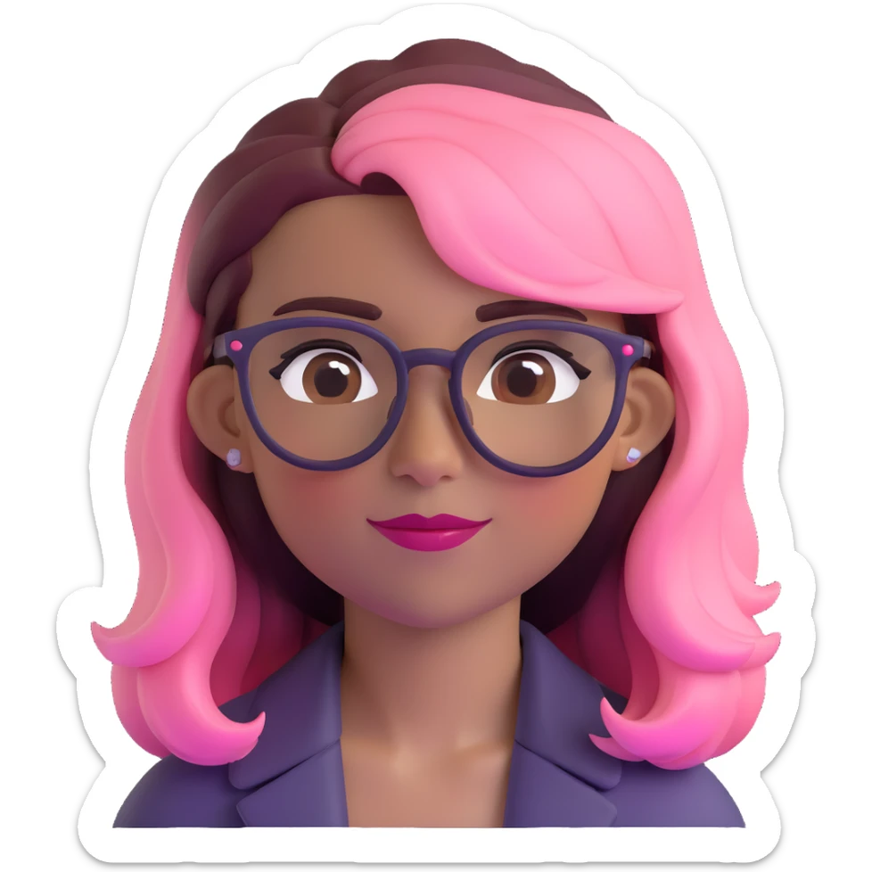 woman with gradient hair from dark to pink with glasses, brown roots, brown eyebrow, flirting sticker