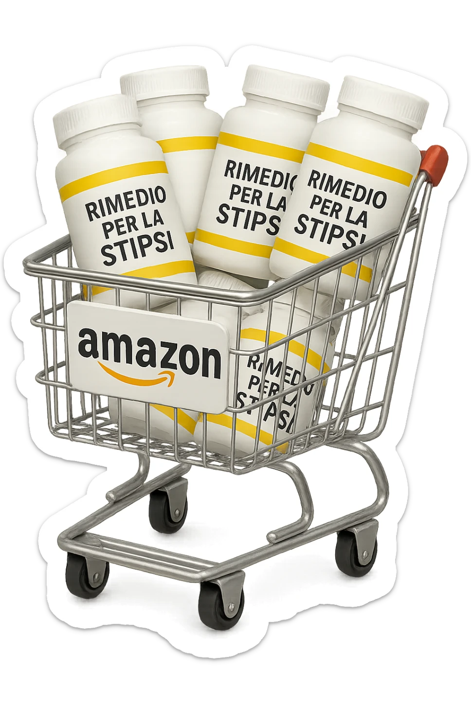 emoji stile iphone di un carrello per la spesa con l'icona di amazon stampata sopra, dentro al carretto ci sono varie boccette di integratori con la scritta "RIMEDIO PER LA STIPSI", iperrealistico 4k sticker