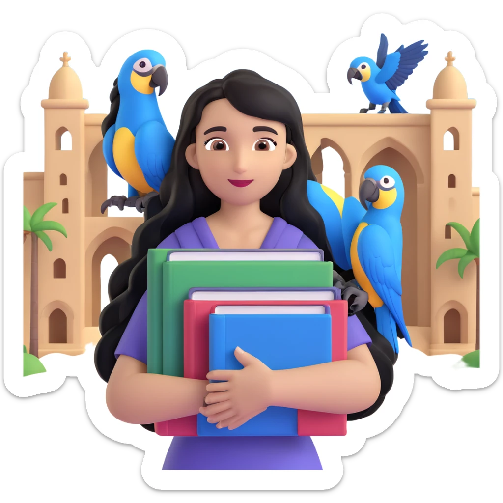 woman with long black hair and light brown skin, holding a stack of books in her arms, blue macaws flying around her, face as the focal point, with the arches of Atalaia Beach subtly in the background sticker