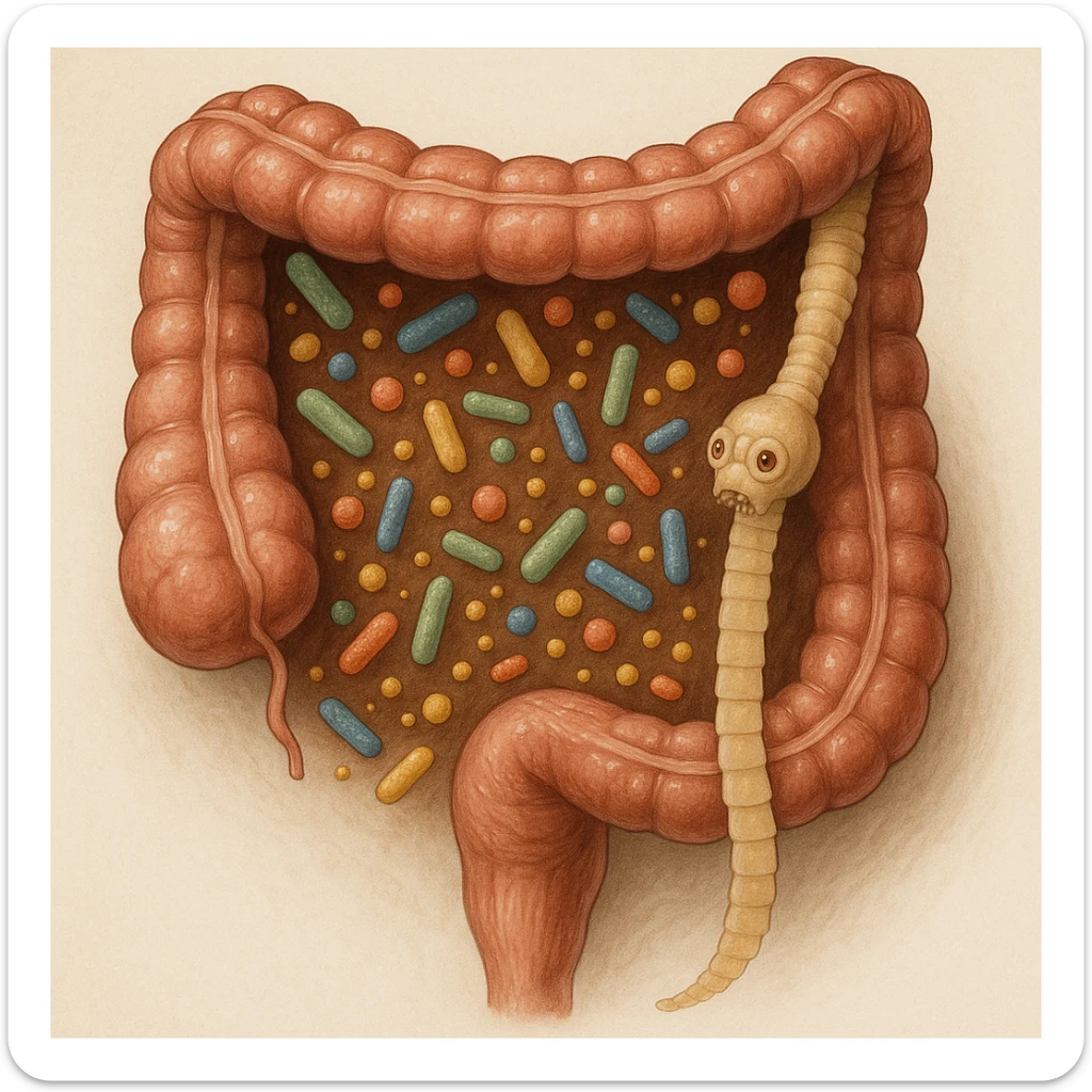 a medical illustration of a human realistic gut with bacteria and parasyte (tenia) realistic  sticker