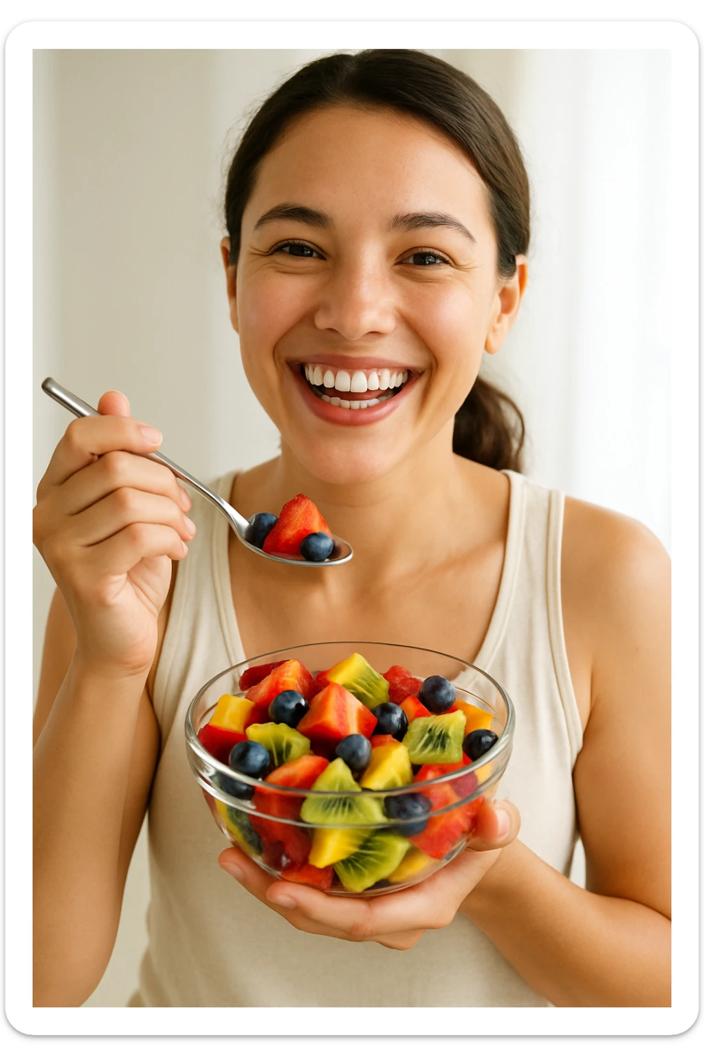A cheerful person holding a glass bowl of colorful fruit salad with vibrant pieces of strawberries, kiwis, and blueberries visible. The person is wearing a casual, light-colored tank top and has a friendly, bright smile as they prepare to take a bite with a spoon. The overall composition focuses on health and enjoyment. sticker