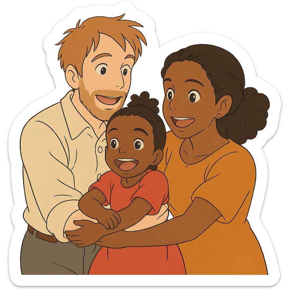 ghibli style family with white dad, black mom, and black child, no background sticker