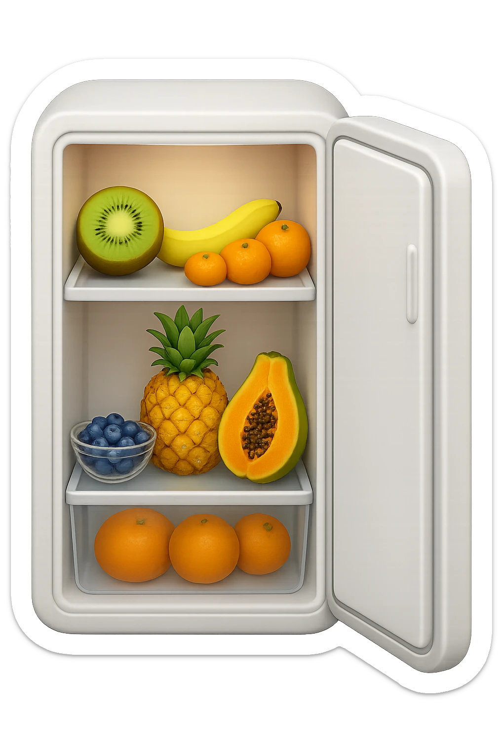 emoji stile iphone di un frigo aperto con dentro ben visibili questi alimenti: Kiwi
Banana acerba
Arance e mandarini
Mirtilli
Ananas
Papaya
IPERREALISTICO 4K sticker