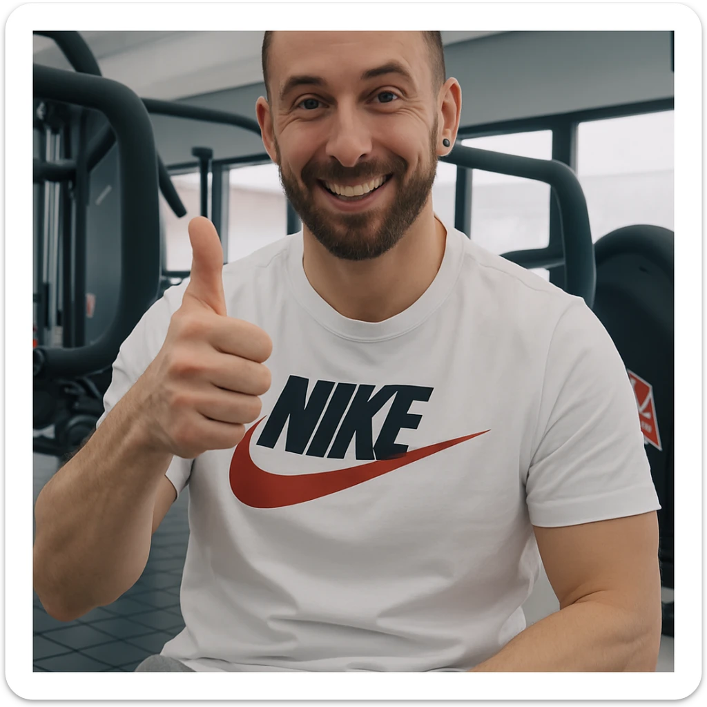 The man in the photo is making the OK gesture with his thumb up, showing an amused expression, in a gym environment, photorealistic style. sticker