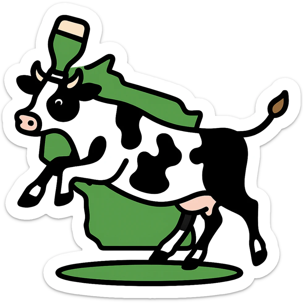Change the cow on the simplified New Glarus Spotted Cow beer label to black and white, keep the cow jumping over the state of Wisconsin, green and white colors, no background. sticker