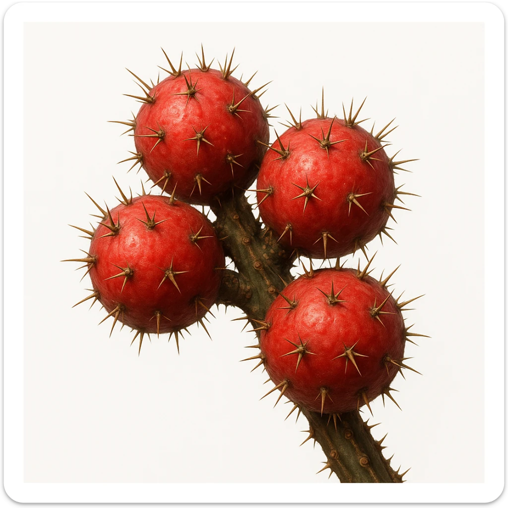 cluster of red round Stenocereus fruits with short cactus spikes on a branch, realistic style, white background sticker