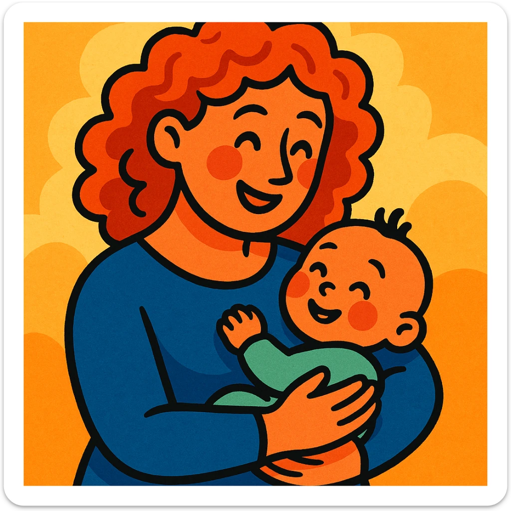 woman with curly red hair holding a baby, warm friendly style sticker