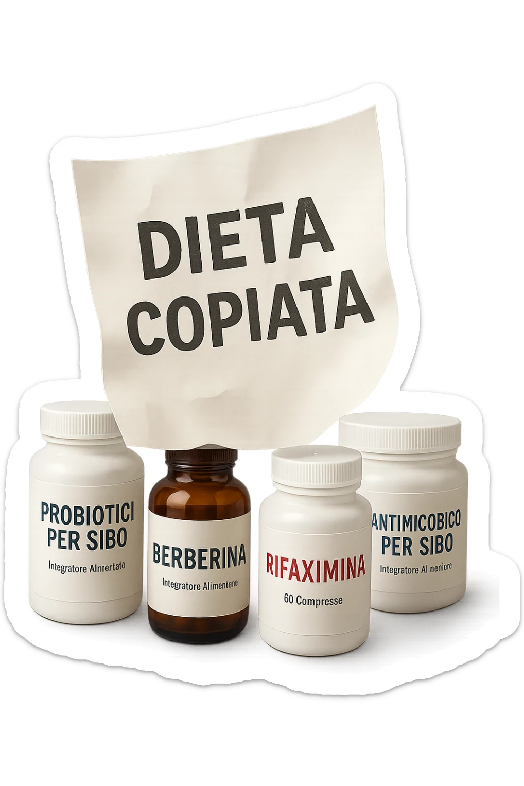 FOGLIO DI CARTA FLUTTUA IN ARIA CON LA SCRITTA "DIETA COPIATA", INSIEME A BARATTOLI DI INTEGRATORI PER CURARE IL SIBO IN ITALIANO, IPERREALISTICO 4K, NON DISEGNATO sticker